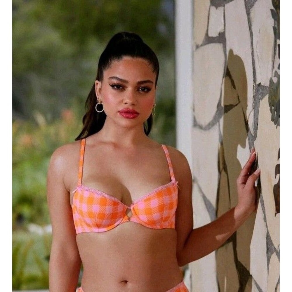 Savage X Fenty Gingham Remix Balconette Lace Trim Bra Pink Orange 36DD NWT
